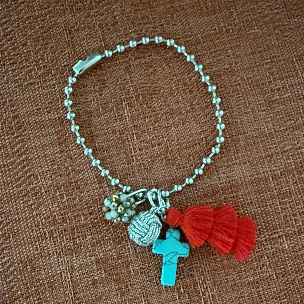Handmade Beaded Charm Bracelet with Red Tassels